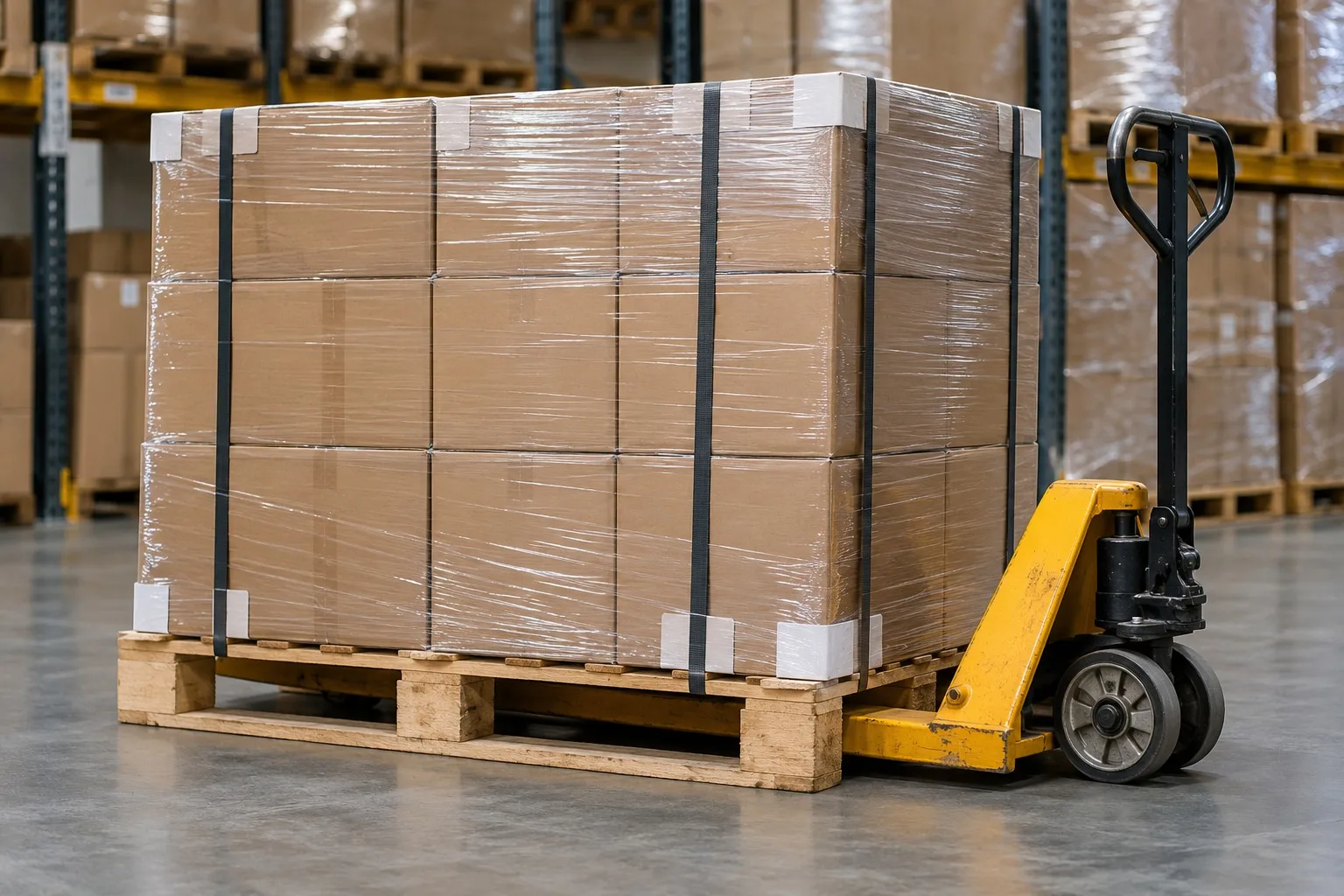 Verpackte Kartons auf einer gesicherten Palette neben einem Hubwagen in einer Lagerhalle.